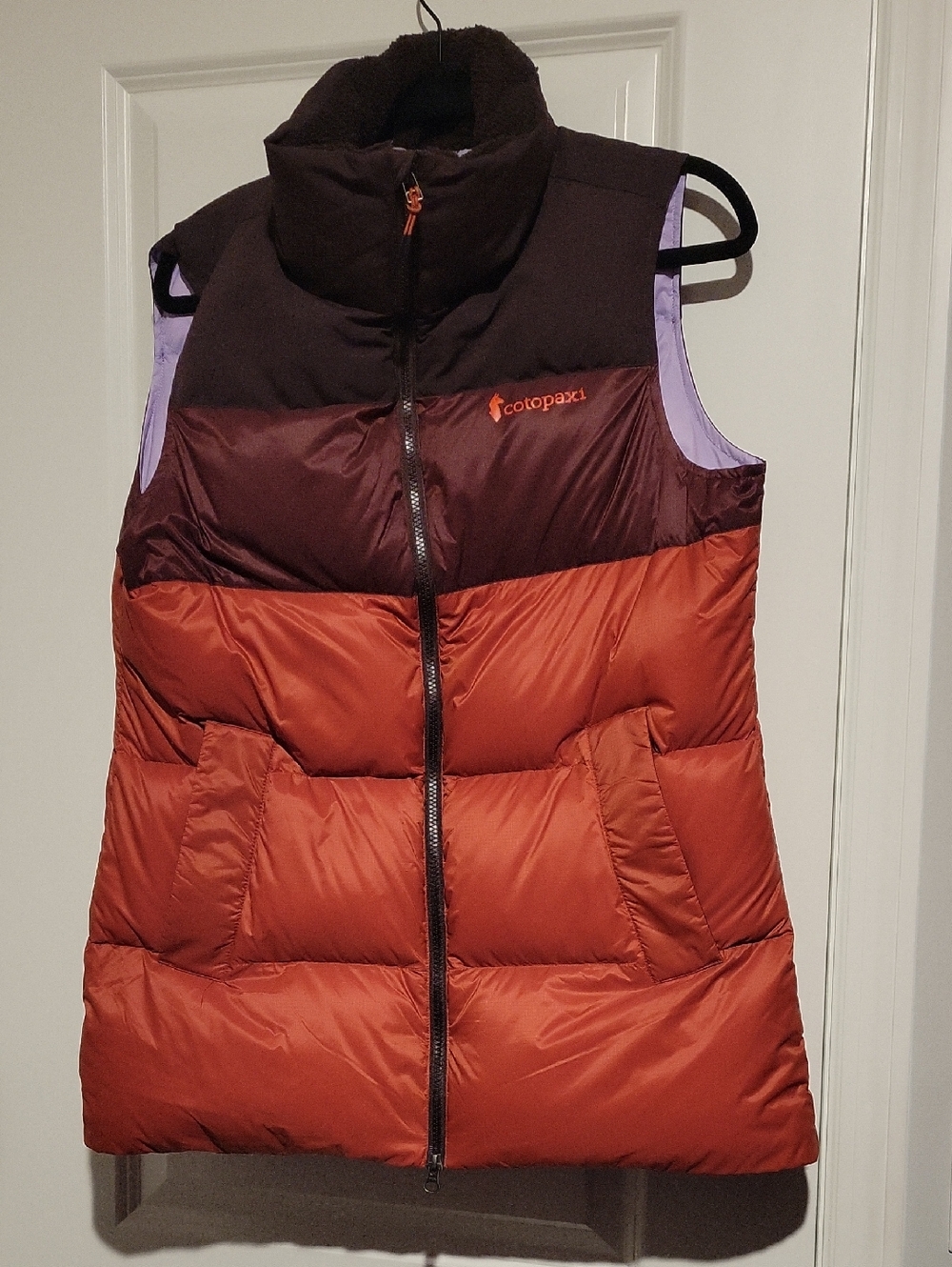 cotopaxi Rust & Plum Quilted Down Vest with Lilac Trim
